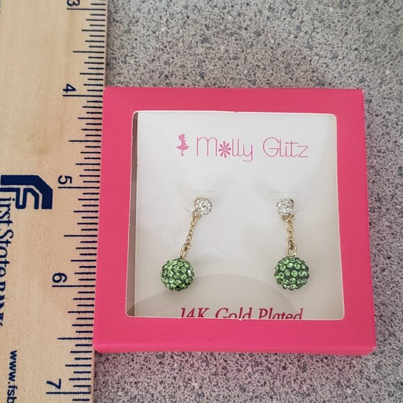 Molly Glitz 14k Gold Plated Lime White Crystal Ball Dangle Earrings - Picture 3 of 7